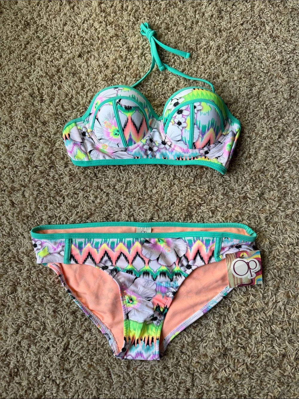 OP Women’s Floral Aztec Bikini in Coral & Mint